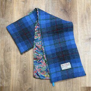 Harris Tweed Scarf Blue Tartan Wool Silky Paisley Backing
